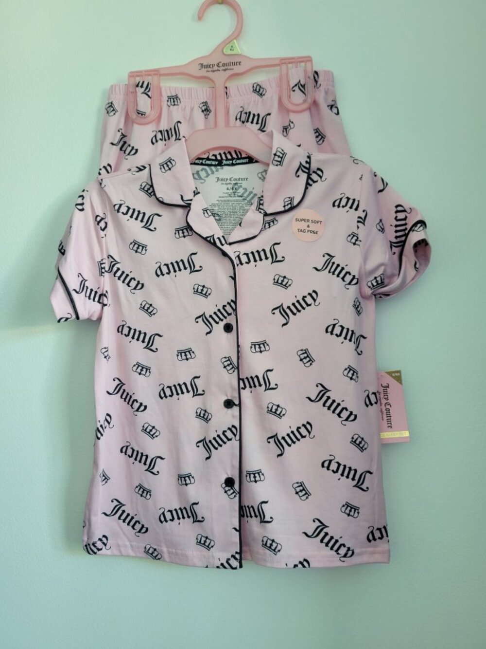 Juicy Couture Girls Pajama Set 6 6X Pink Juicy Crown Logo 2 Piece PJs NWT $42